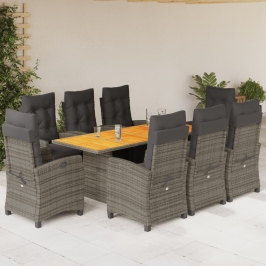 Set comedor jardín 9 pzas y cojines ratán sintético gris