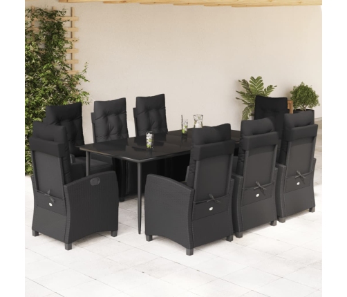 Set de comedor de jardín 9 pzas y cojines ratán sintético negro