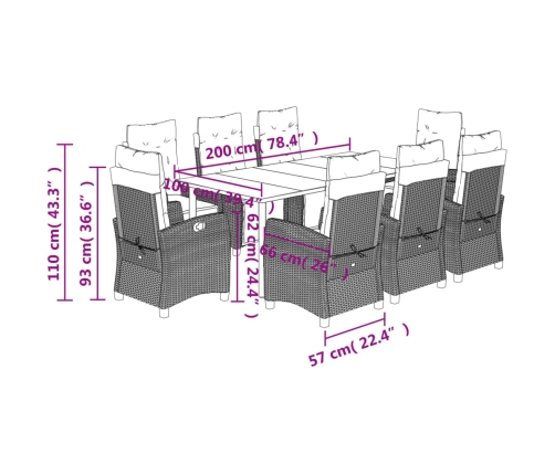 Set de comedor de jardín 9 pzas y cojines ratán sintético negro
