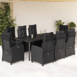 Set de comedor de jardín 9 pzas y cojines ratán sintético negro