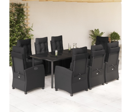 Set de comedor de jardín 9 pzas y cojines ratán sintético negro