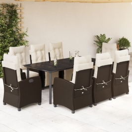 Set comedor para jardín 9 pzas y cojines ratán sintético marrón