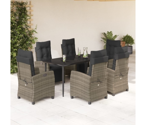Set comedor jardín 7 pzas y cojines ratán sintético gris