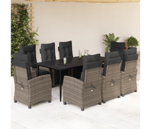 Set comedor jardín 9 pzas y cojines ratán sintético gris