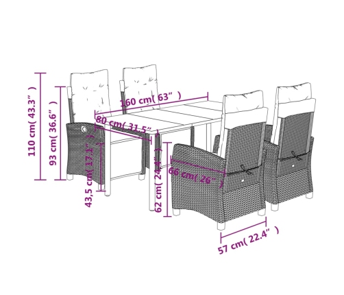 Set comedor de jardín 5 piezas con cojines ratán sintético gris