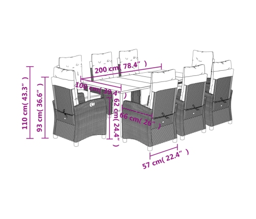 Set comedor de jardín 9 pzas con cojines ratán sintético beige