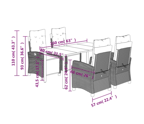 Set comedor de jardín 5 pzas con cojines ratán sintético beige