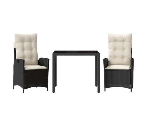 Set comedor de jardín 3 pzas con cojines ratán sintético negro