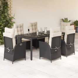 Set de comedor de jardín 7 pzas y cojines ratán sintético negro