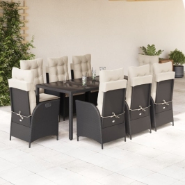 Set de comedor de jardín 9 pzas y cojines ratán sintético negro