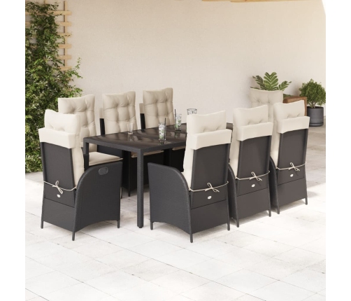 Set de comedor de jardín 9 pzas y cojines ratán sintético negro