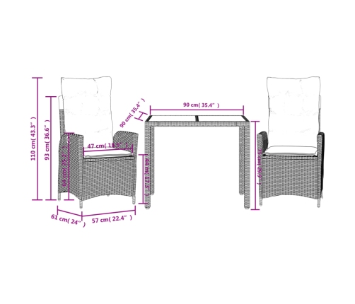 Set comedor de jardín 3 pzas con cojines ratán sintético negro