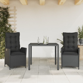 Set comedor de jardín 3 pzas con cojines ratán sintético negro