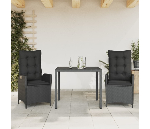 Set comedor de jardín 3 pzas con cojines ratán sintético negro