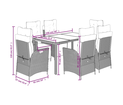 Set de comedor de jardín 7 pzas y cojines ratán sintético negro