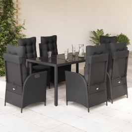 Set de comedor de jardín 7 pzas y cojines ratán sintético negro