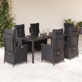 Set de comedor de jardín 7 pzas y cojines ratán sintético negro