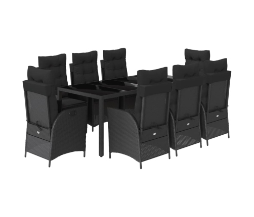 Set de comedor de jardín 9 pzas y cojines ratán sintético negro
