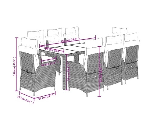 Set de comedor de jardín 9 pzas y cojines ratán sintético negro