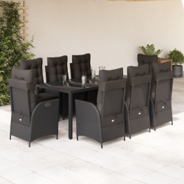 Set de comedor de jardín 9 pzas y cojines ratán sintético negro