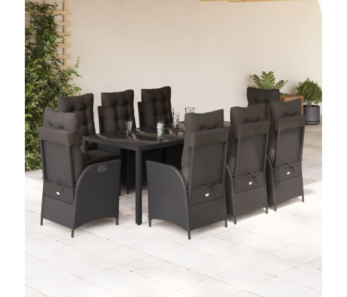 Set de comedor de jardín 9 pzas y cojines ratán sintético negro