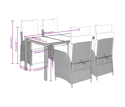 Set comedor de jardín 5 piezas con cojines ratán sintético gris