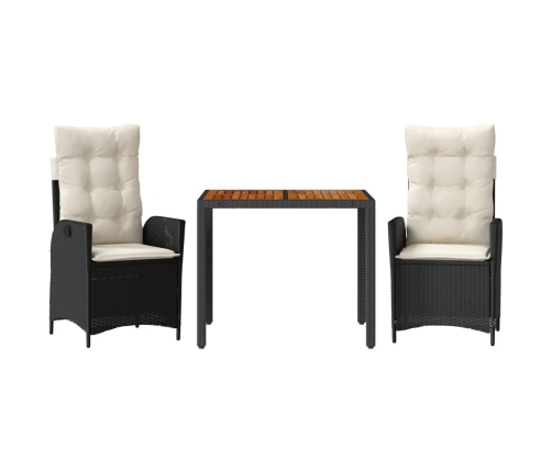 Set comedor de jardín 3 pzas con cojines ratán sintético negro