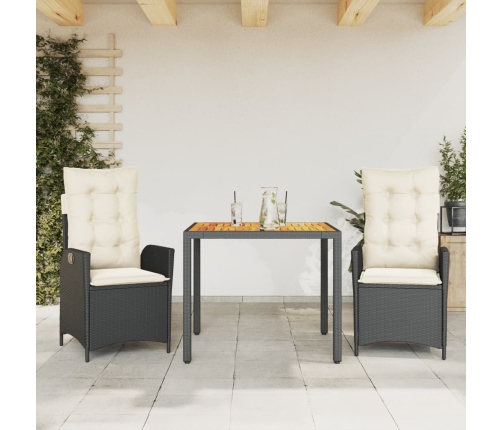 Set comedor de jardín 3 pzas con cojines ratán sintético negro
