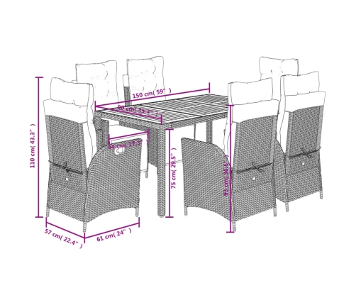 Set de comedor de jardín 7 pzas y cojines ratán sintético negro