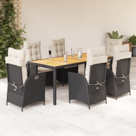 Set de comedor de jardín 7 pzas y cojines ratán sintético negro