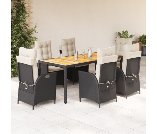 Set de comedor de jardín 7 pzas y cojines ratán sintético negro