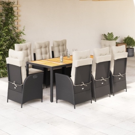 Set de comedor de jardín 9 pzas y cojines ratán sintético negro