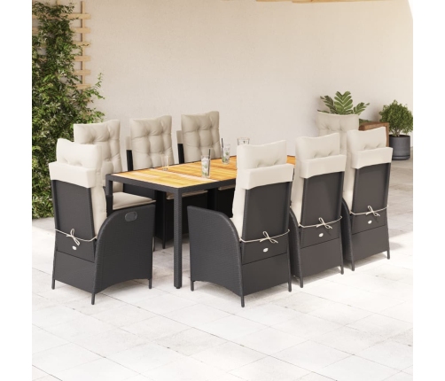 Set de comedor de jardín 9 pzas y cojines ratán sintético negro
