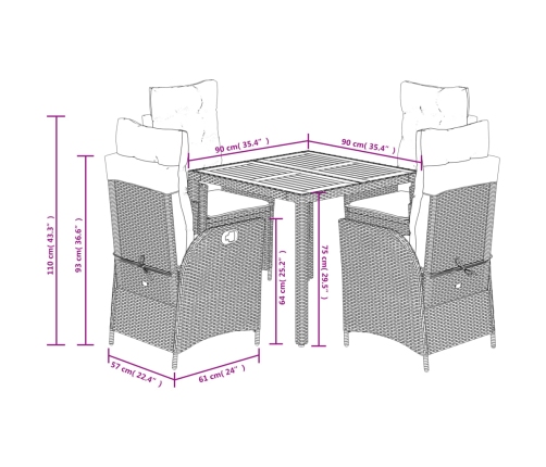 Set de muebles jardín 5 pzas con cojines ratán sintético negro