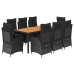 Set de comedor de jardín 9 pzas y cojines ratán sintético negro