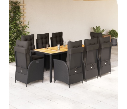 Set de comedor de jardín 9 pzas y cojines ratán sintético negro