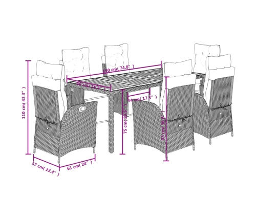 Set comedor jardín 7 pzas y cojines ratán sintético gris