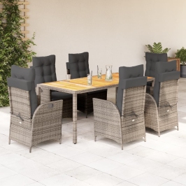 Set comedor jardín 7 pzas y cojines ratán sintético gris