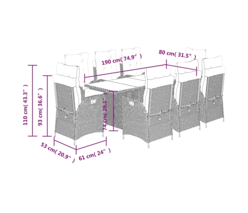 Set de comedor de jardín 9 pzas y cojines ratán sintético negro