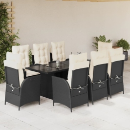 Set de comedor de jardín 9 pzas y cojines ratán sintético negro