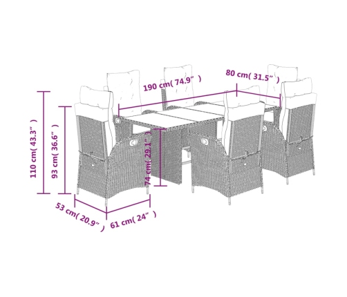 Set de comedor de jardín 7 pzas y cojines ratán sintético negro