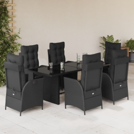 Set de comedor de jardín 7 pzas y cojines ratán sintético negro