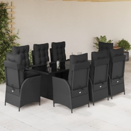 Set de comedor de jardín 9 pzas y cojines ratán sintético negro