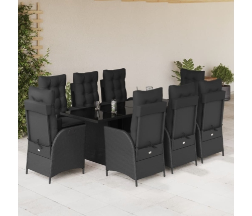 Set de comedor de jardín 9 pzas y cojines ratán sintético negro