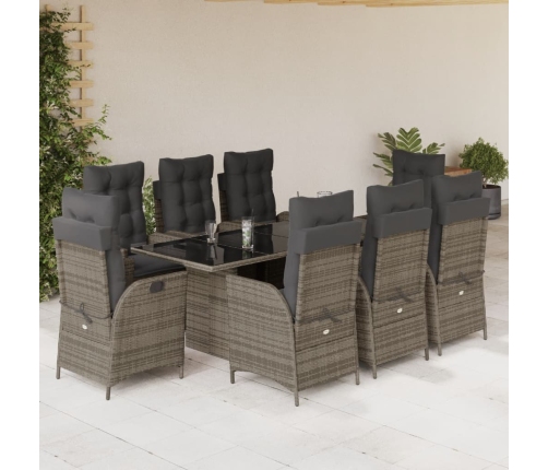 Set comedor jardín 9 pzas y cojines ratán sintético gris