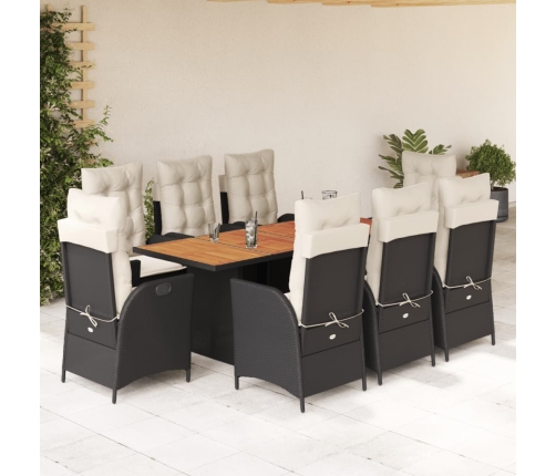 Set de comedor de jardín 9 pzas y cojines ratán sintético negro