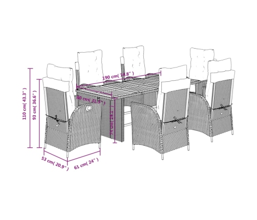 Set de comedor de jardín 7 pzas y cojines ratán sintético negro