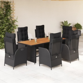 Set de comedor de jardín 7 pzas y cojines ratán sintético negro