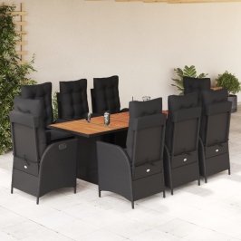 Set de comedor de jardín 9 pzas y cojines ratán sintético negro