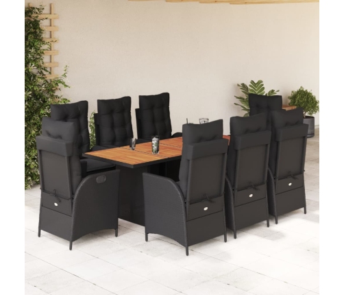 Set de comedor de jardín 9 pzas y cojines ratán sintético negro